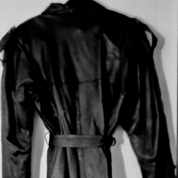 BURKS BAY BLACK LEATHER BELTED TRENCH COAT - Picture 2 of 5